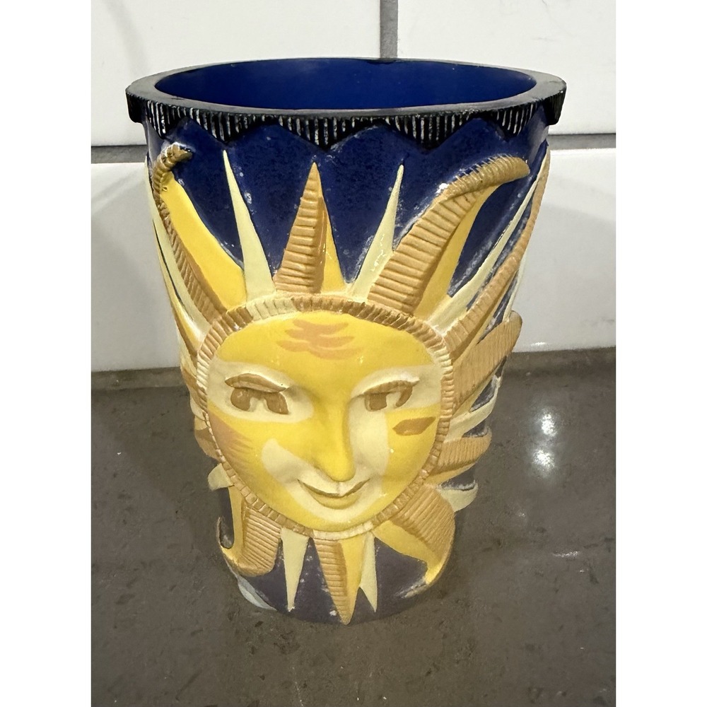 Vtg Celestial Cosmos Tumbler Bathroom Cup Sun Stars 90s Y2K Blue Yellow
